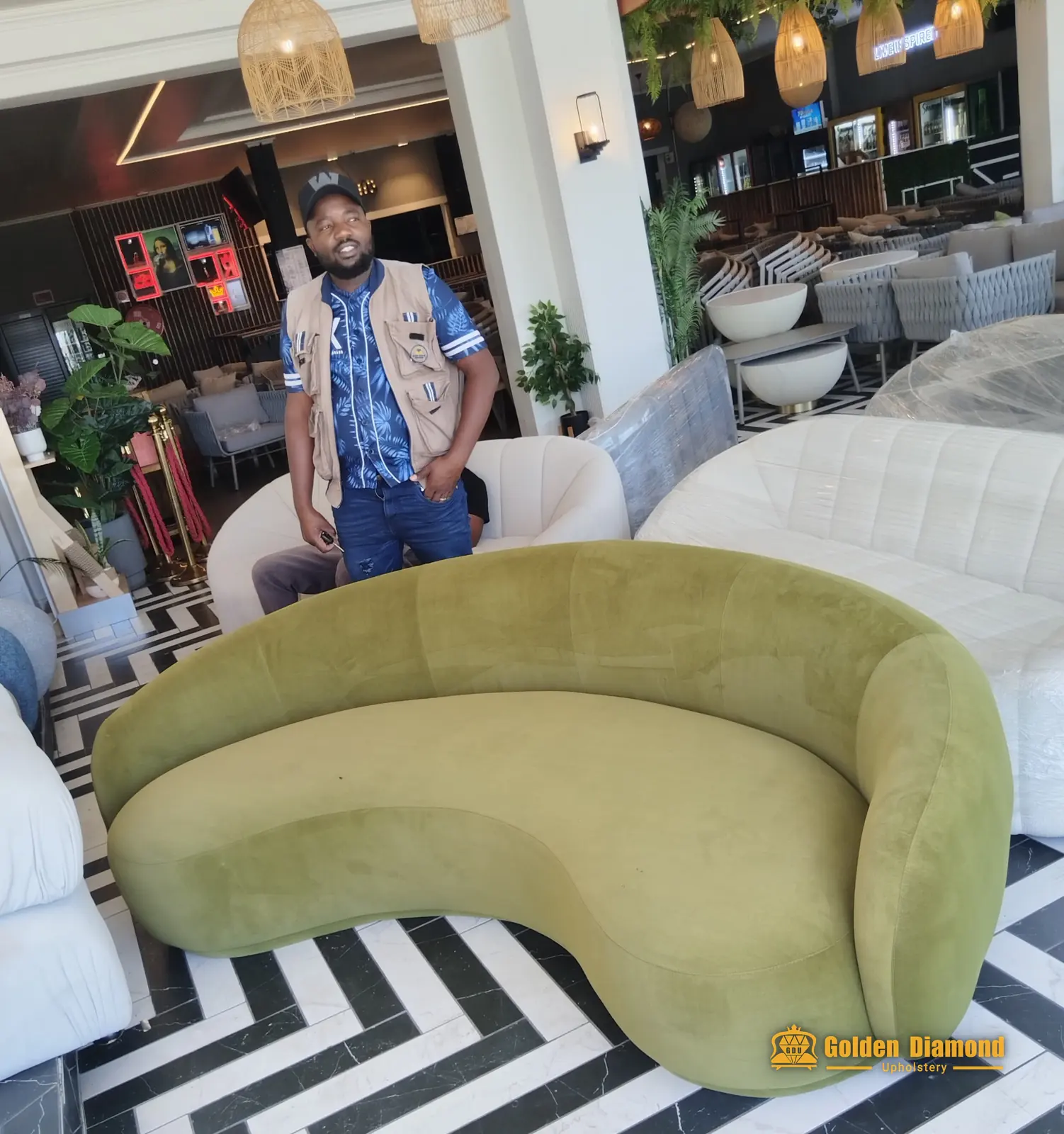 Olive green curved crescent sofa custom made by Golden Diamond Upholstery