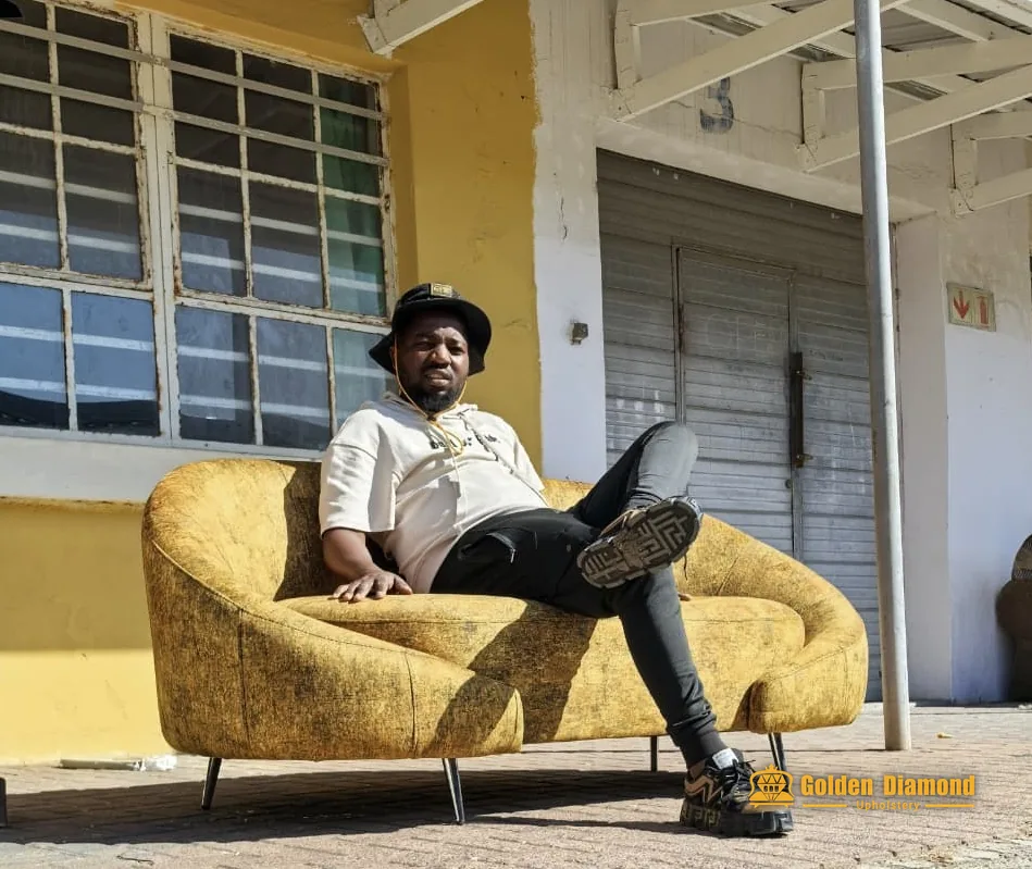 Gold velvet tub armchair custom built by Golden Diamond Upholstery, Cape Town