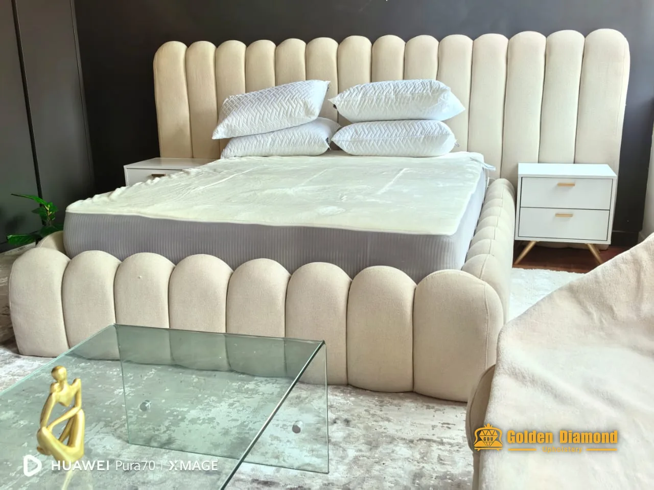 Cream upholstered bed suite — headboards & beds upholstery project by Golden Diamond Upholstery, Cape Town
