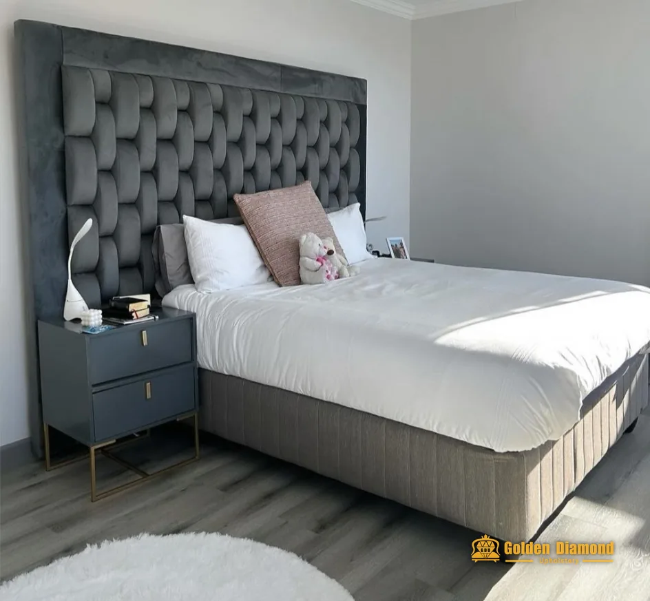Tall grey buttoned headboard — headboards & beds upholstery project by Golden Diamond Upholstery, Cape Town