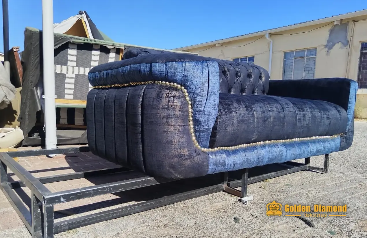 Navy buttoned velvet sofa — sofas & seating upholstery project by Golden Diamond Upholstery, Cape Town